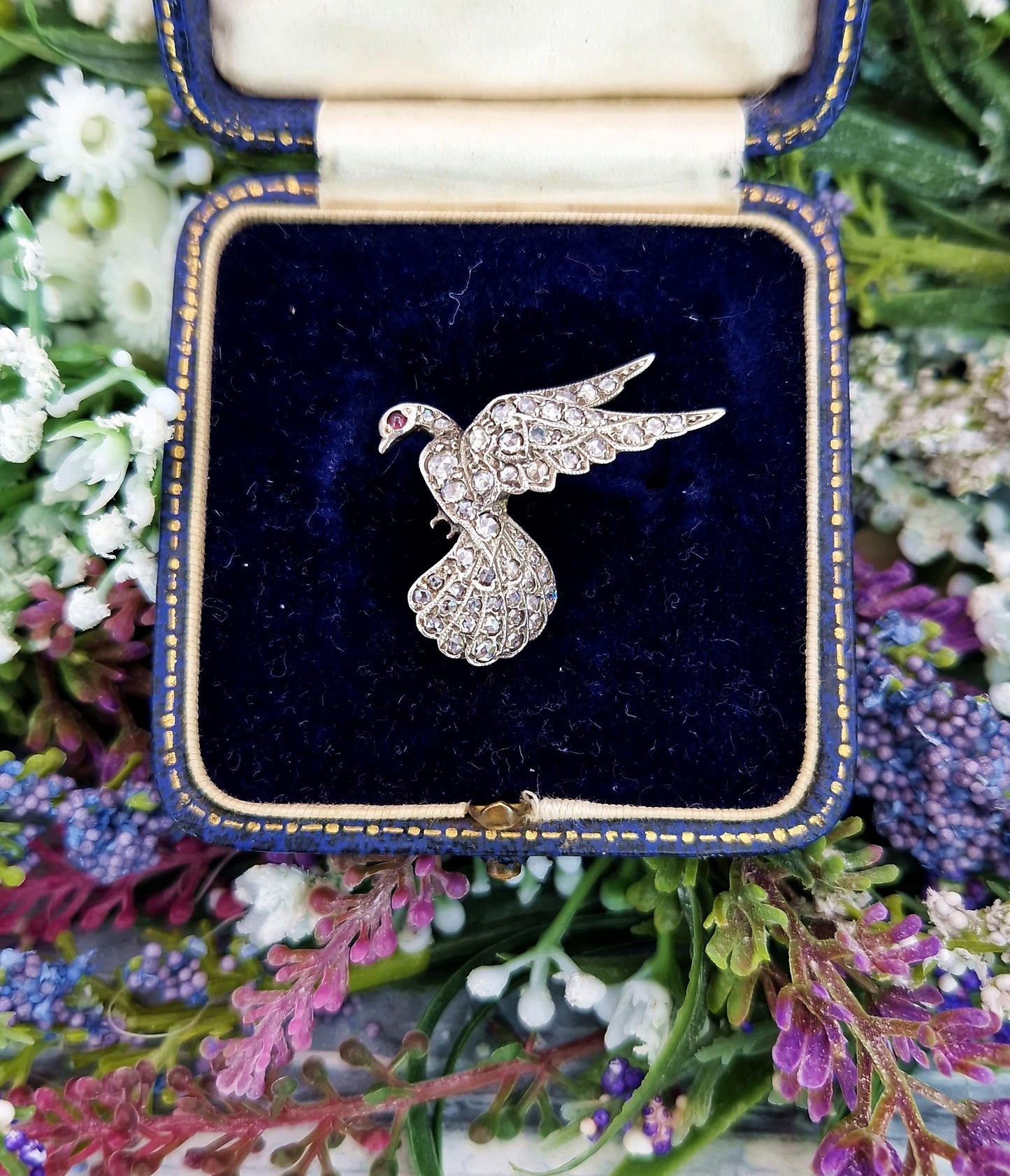 Antique Victorian 18ct Gold & Silver Rose Cut Diamond and Ruby Peace Dove Bird Pendant