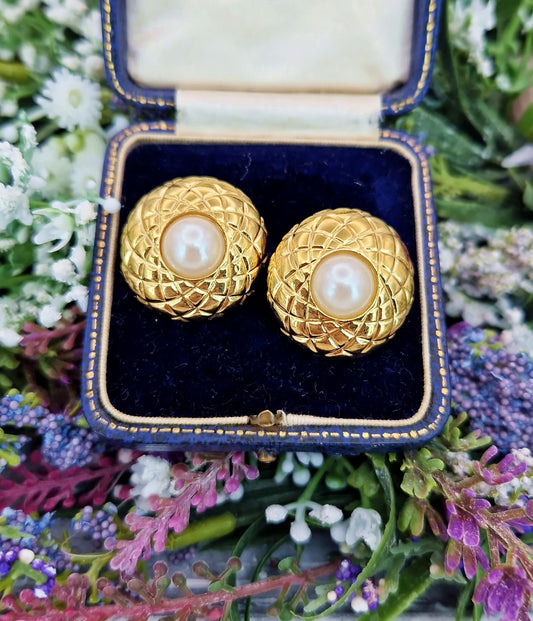Vintage Large Retro Gold Plated Faux Pearl Cabochon Stud Statement Earrings