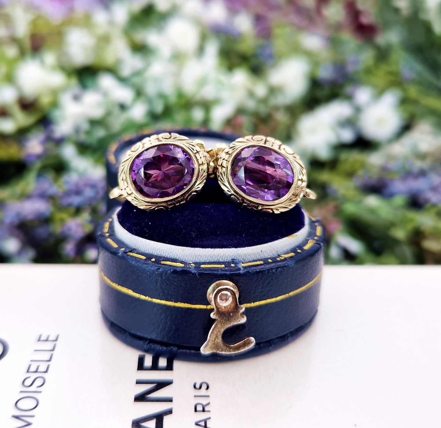 Vintage 14ct Yellow Gold Ornate Colour Change Purple Blue Sapphire Clip on Earrings