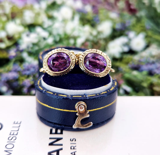 Vintage 14ct Yellow Gold Ornate Colour Change Purple Blue Sapphire Clip on Earrings