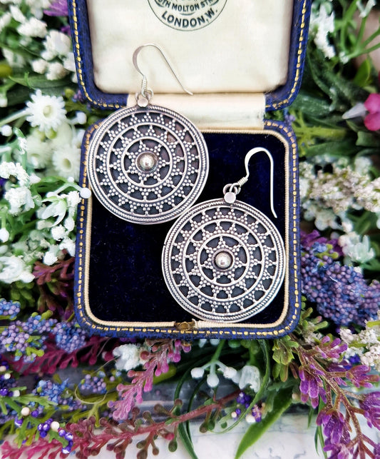 Vintage Sterling Silver Etruscan Style Large Statement Detailed Star Disc Hook Drop Earrings