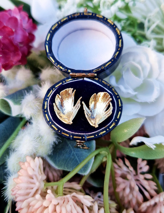 Vintage Gold on Sterling Silver Delicate Detailed Feather Stud Earrings