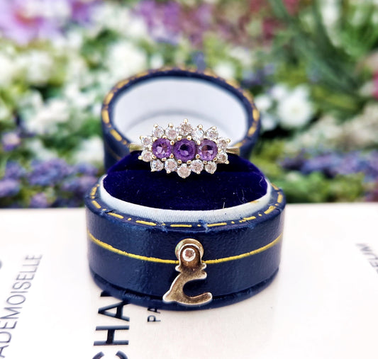 Vintage 9ct Gold Amethyst and Crystal Statement Cluster Ring / Size N 1/2 or 7.25