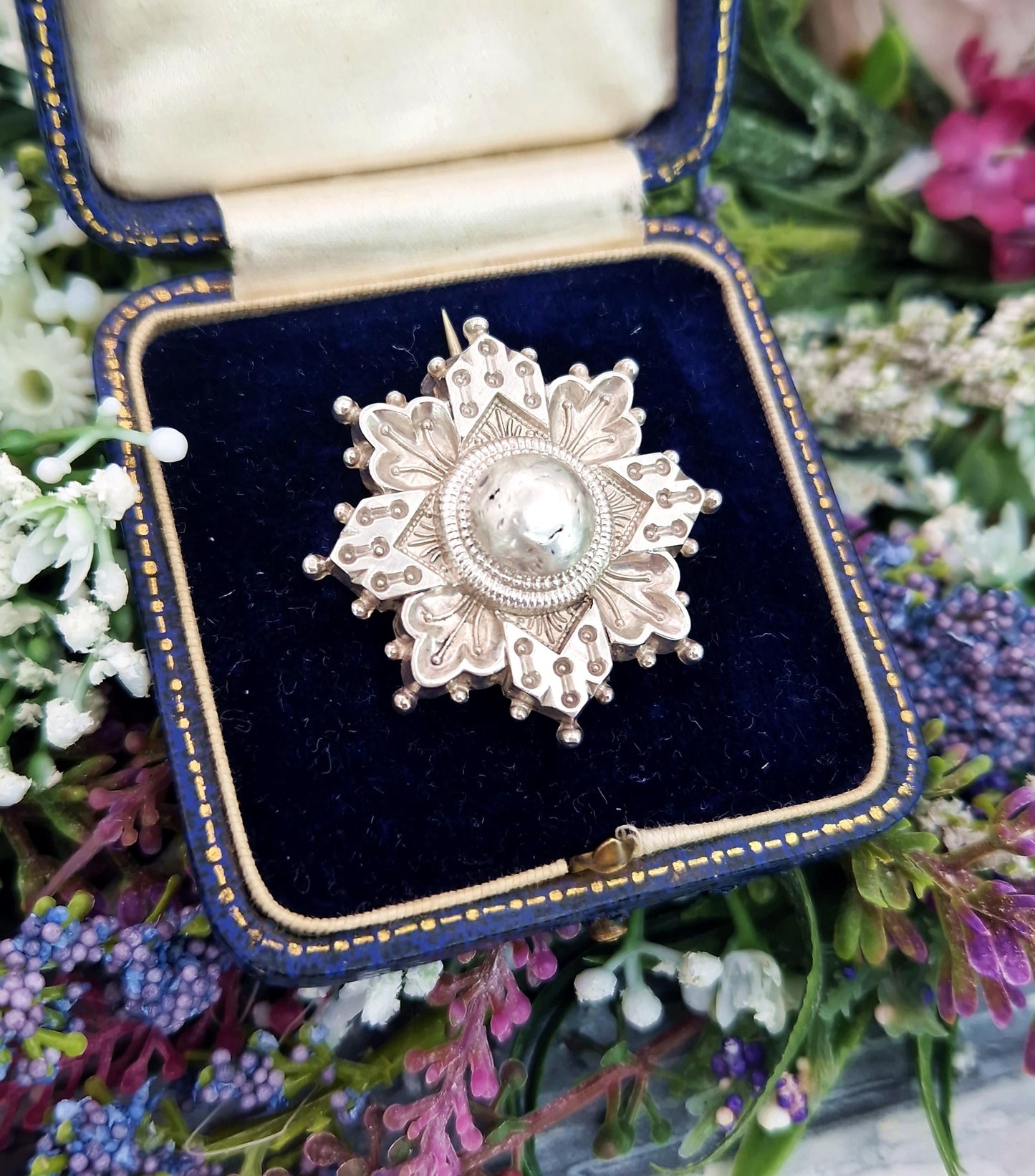Antique Victorian Sterling Silver Aesthetic Style Glass Locket Star Brooch Pin