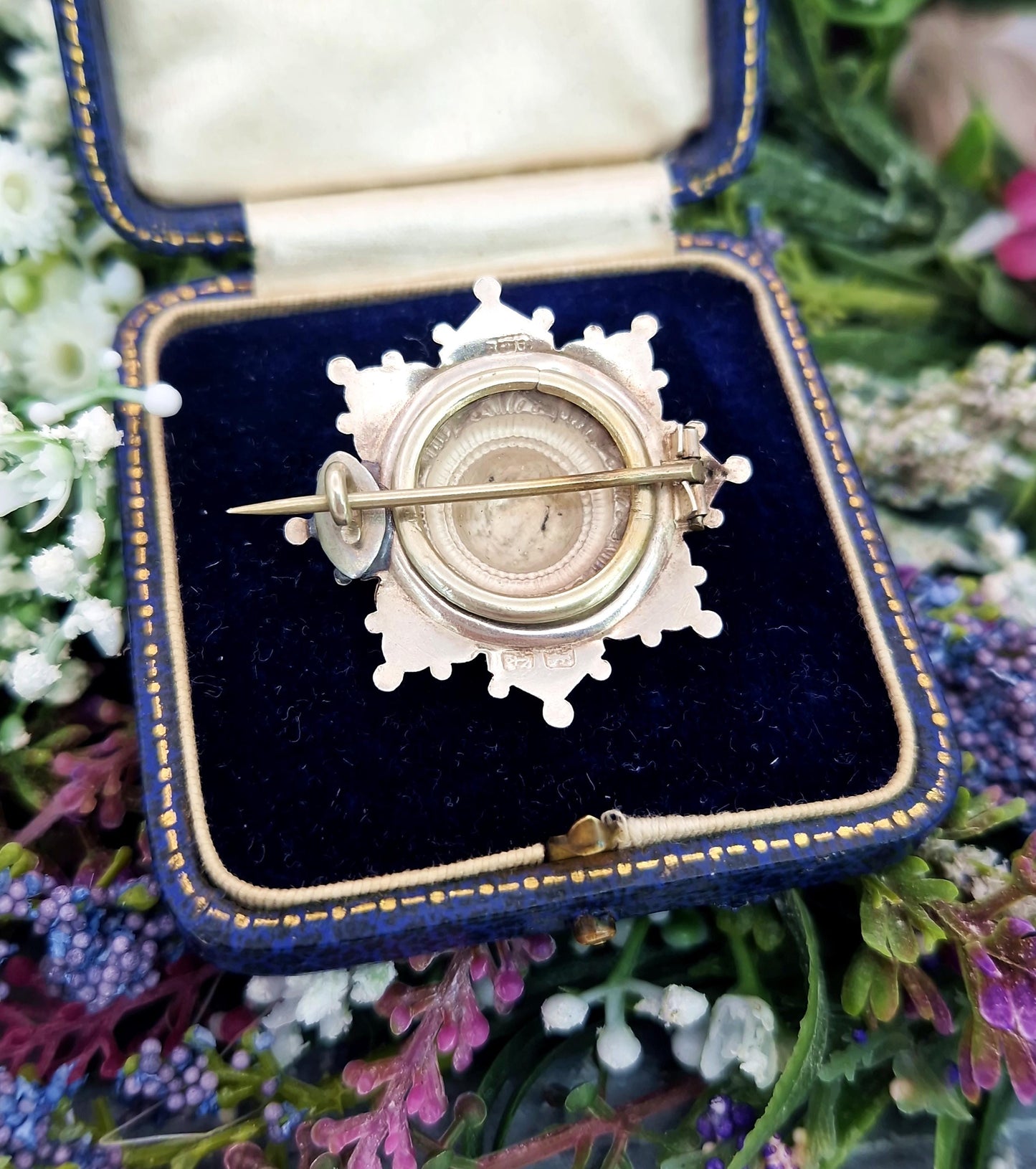Antique Victorian Sterling Silver Aesthetic Style Glass Locket Star Brooch Pin