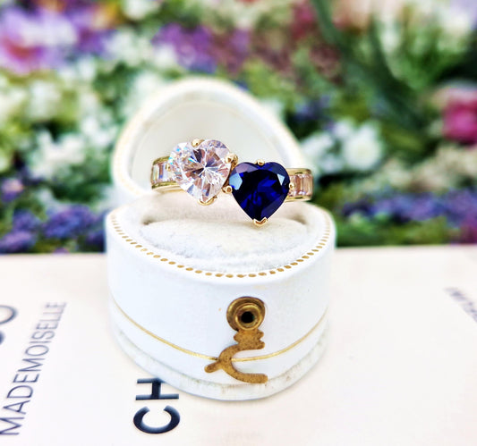 Vintage 1989 9ct Yellow Gold Blue Sapphire and Crystal Heart Toi et Moi Ring / Size O 1/2 or 7.75