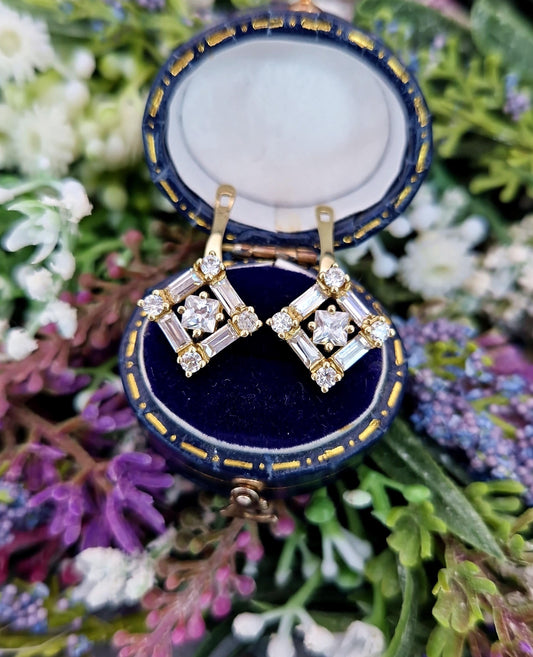 Vintage 9ct Yellow Gold Art Deco Style Sparkling Crystal Statement Stud Earrings