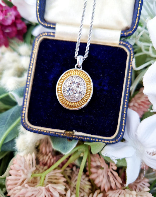 Vintage Silver Plated Chunky Gold Accented Crystal Oval Locket Pendant Necklace Chain