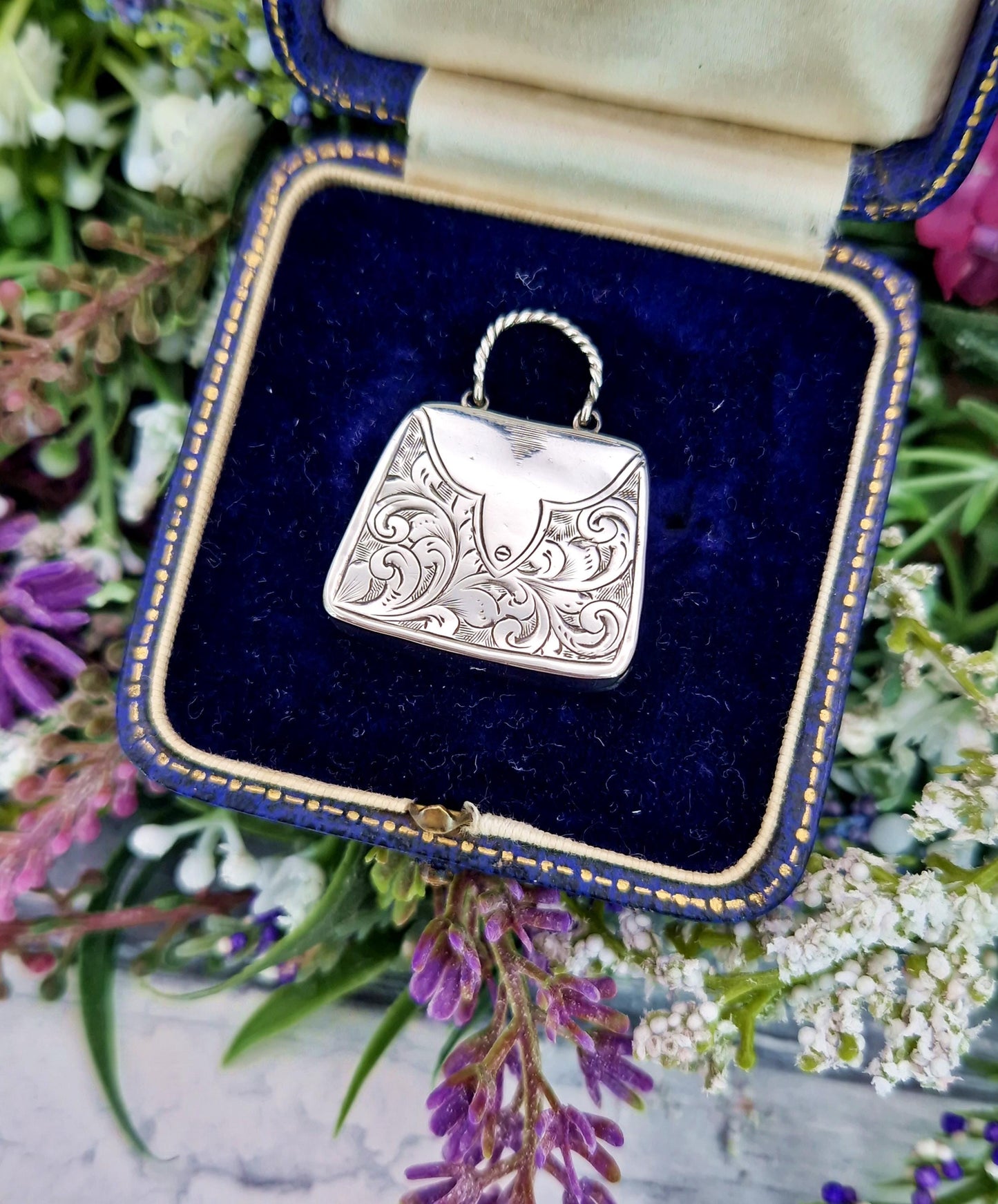 Antique 1884 Victorian Sterling Silver Rare Handbag Pendant with Engraved Ivy Leaves