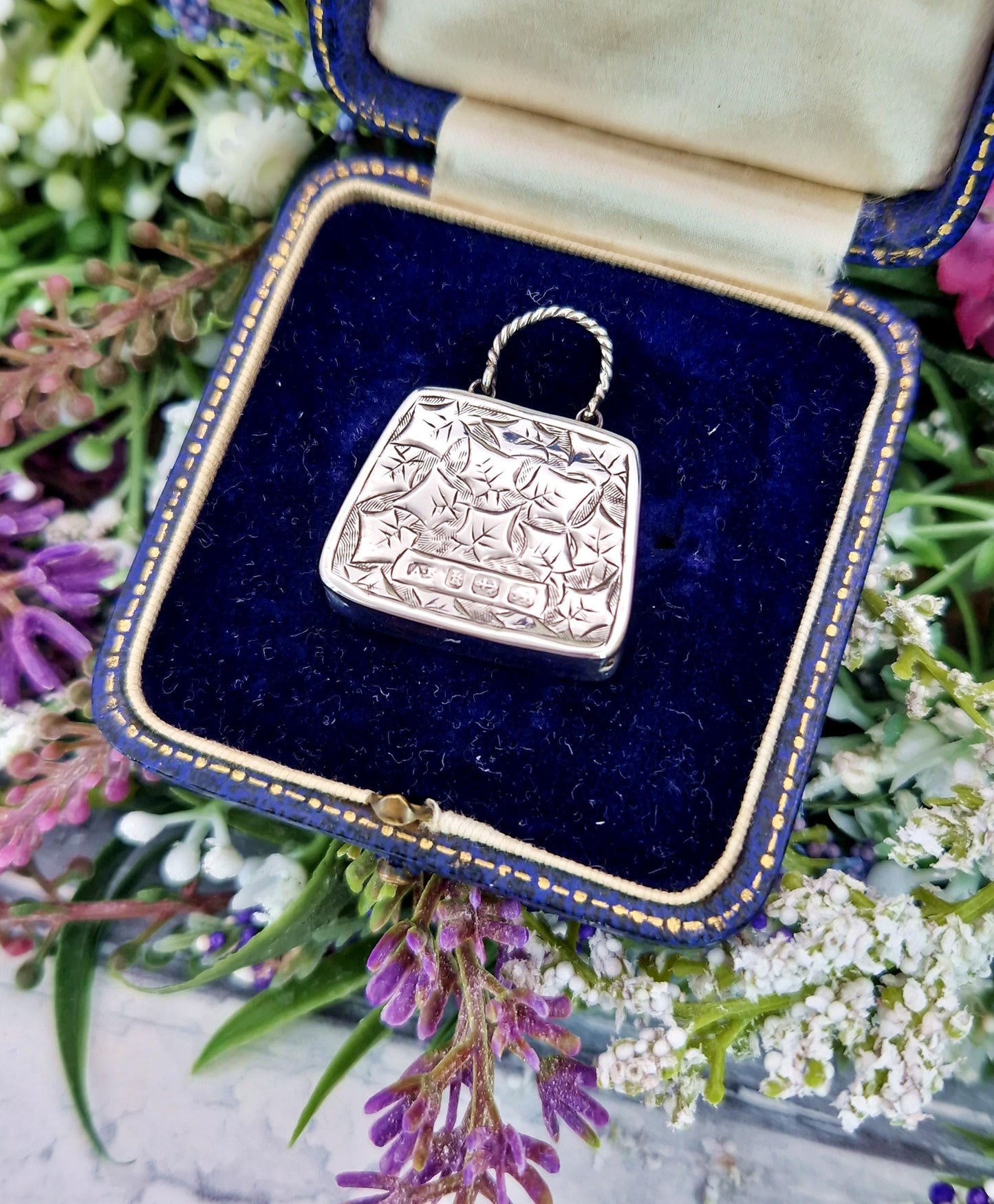 Antique 1884 Victorian Sterling Silver Rare Handbag Pendant with Engraved Ivy Leaves