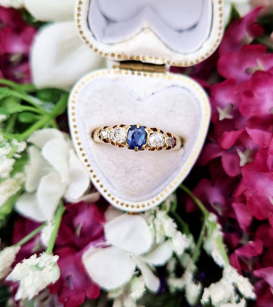 Antique 1887 Victorian 18ct Gold Classic Sapphire and Old Cut Diamond 5 Stone Band Ring / Size N or 7