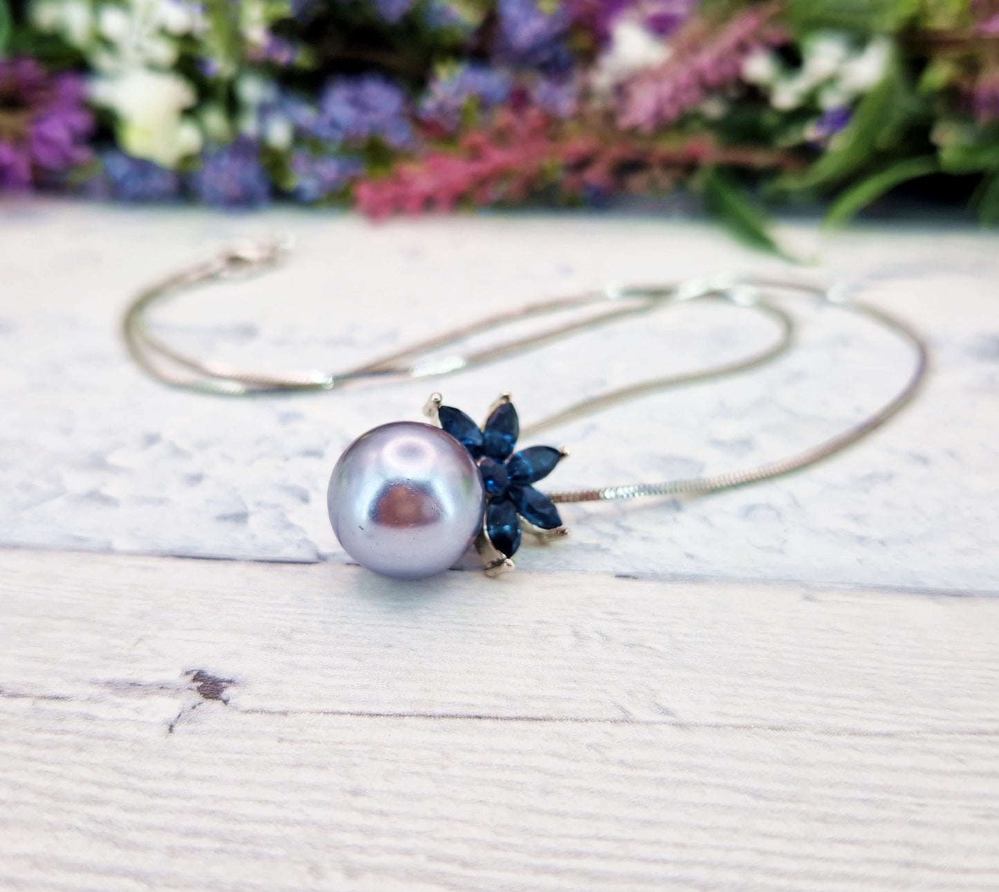 Vintage Silver Plated Large Silver Pearl and Blue Glass Pendant Necklace
