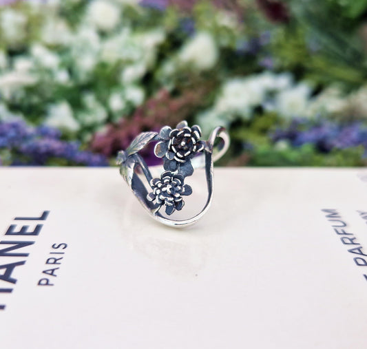 Vintage Sterling Silver Art Nouveau Style 3D Rose Flower Statement Ring / Size L 1/2 or 6.25