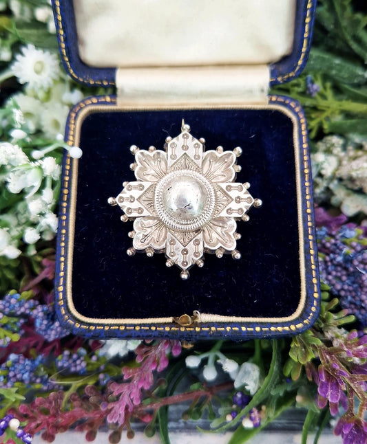 Antique Victorian Sterling Silver Aesthetic Style Glass Locket Star Brooch Pin