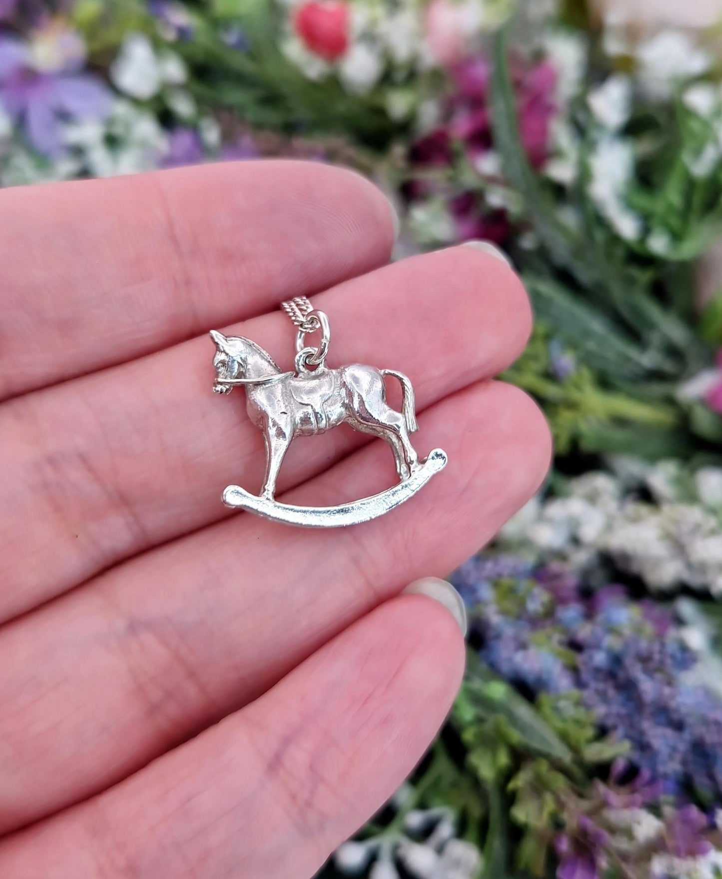 Vintage Sterling Silver Miniature 3D Rocking Horse Charm Necklace