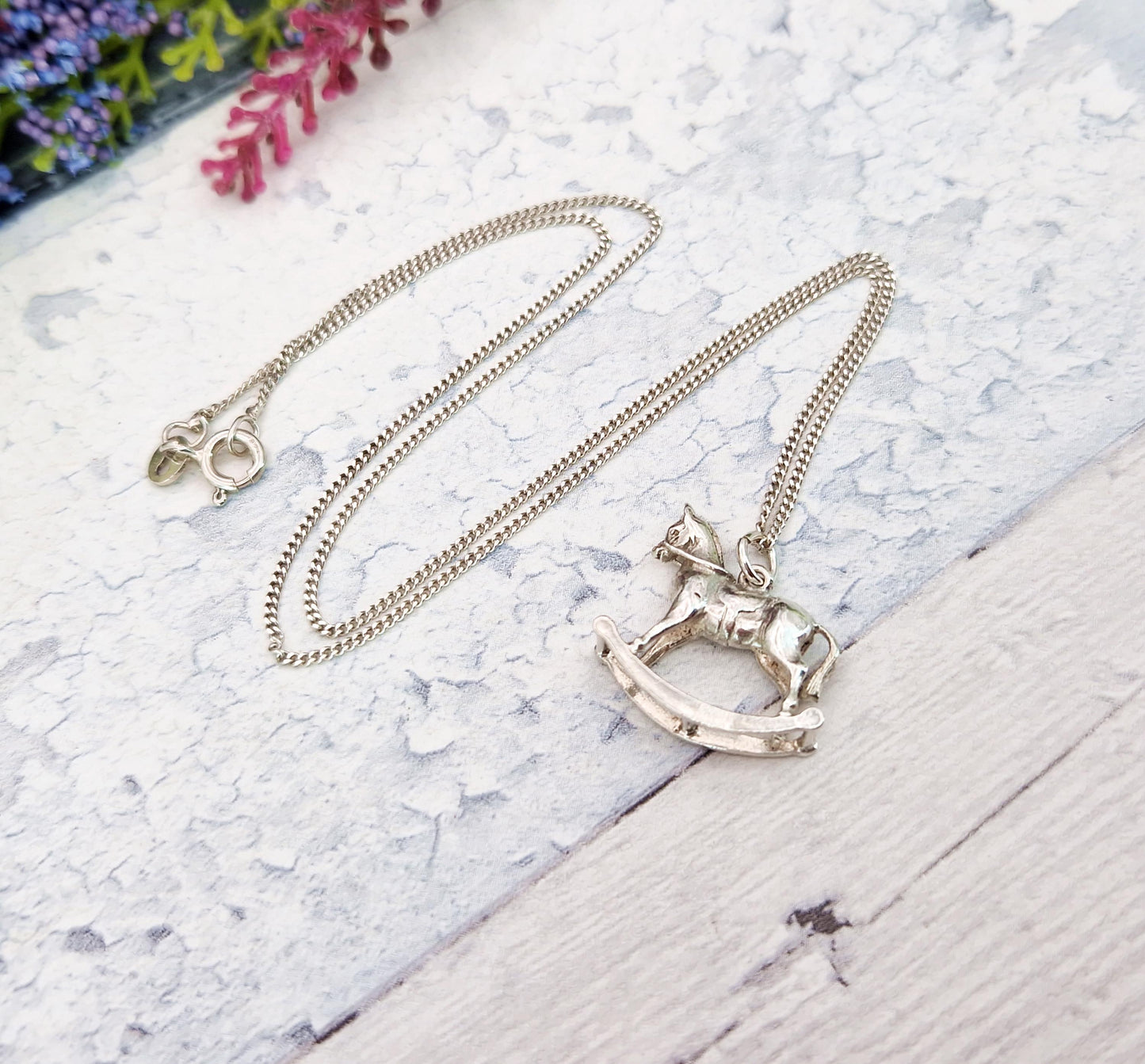 Vintage Sterling Silver Miniature 3D Rocking Horse Charm Necklace