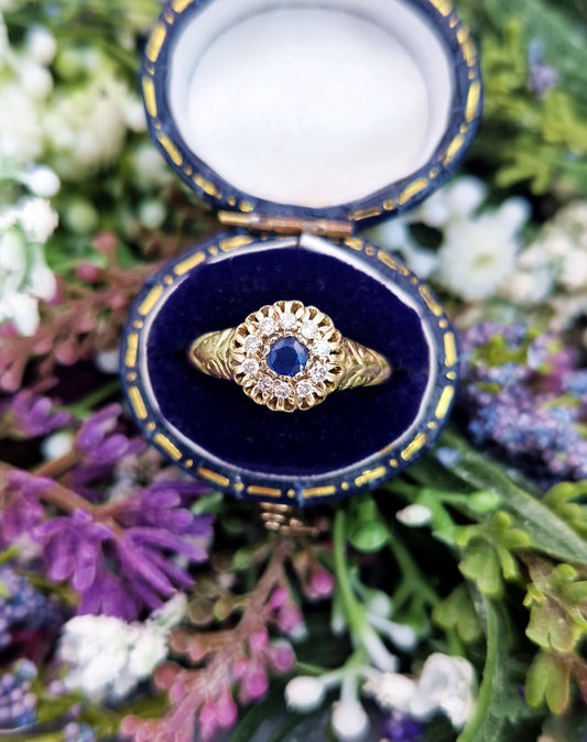 Vintage 9ct Gold Victorian Style Sapphire and Diamond Cluster Ring / Size O or 7.5