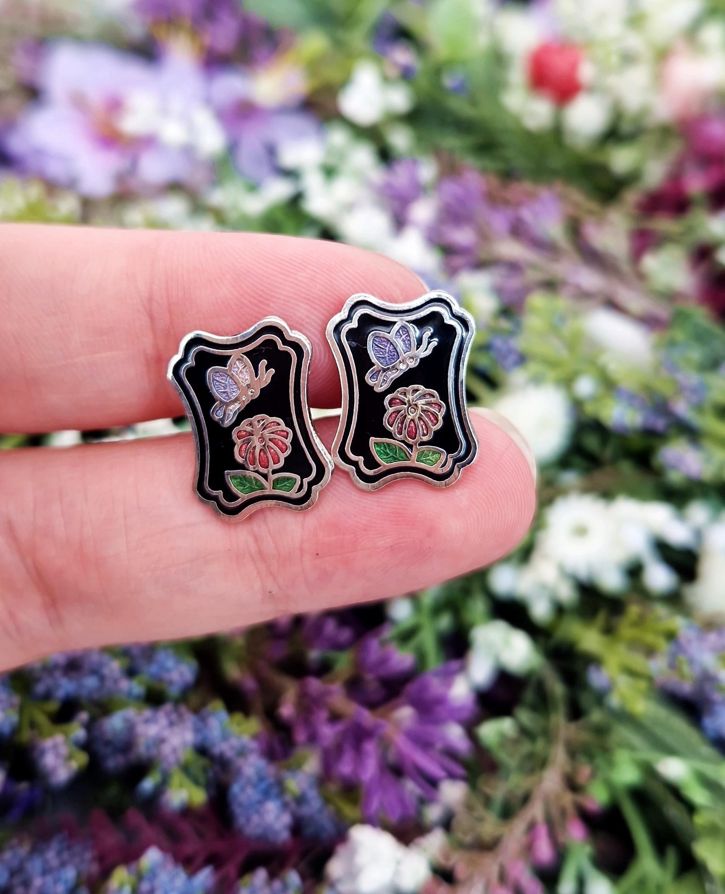 Vintage Silver Tone Black Enamel Butterfly Plaque Cloisonne Stud Earrings