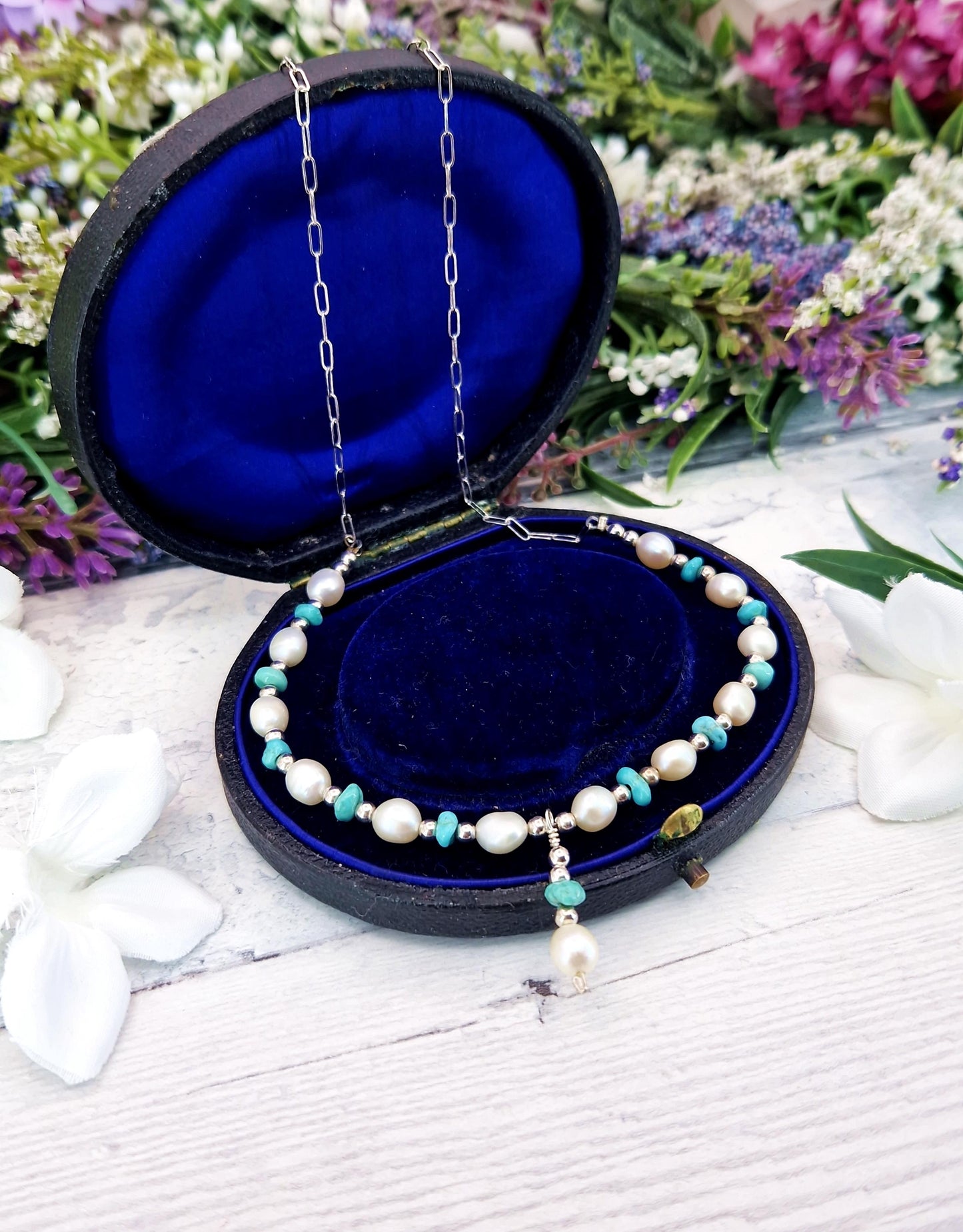 Vintage Sterling Silver White Pearl and Matrix Turquoise Bead Necklace