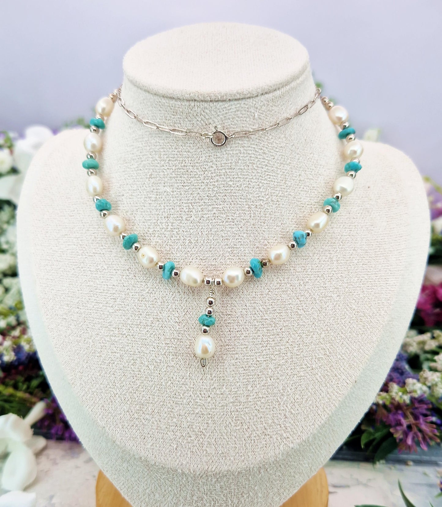 Vintage Sterling Silver White Pearl and Matrix Turquoise Bead Necklace