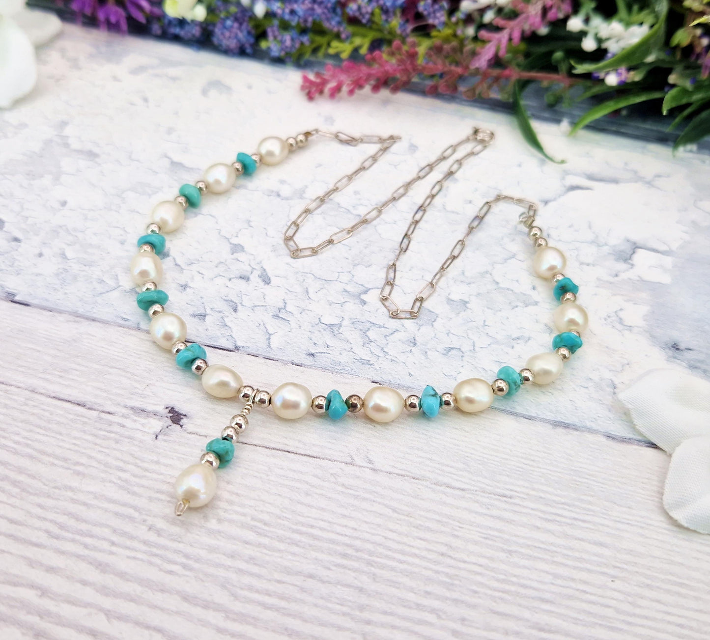 Vintage Sterling Silver White Pearl and Matrix Turquoise Bead Necklace
