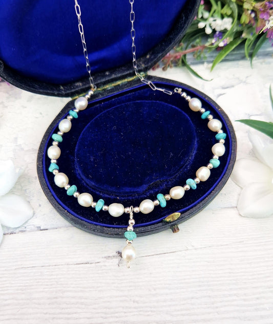 Vintage Sterling Silver White Pearl and Matrix Turquoise Bead Necklace
