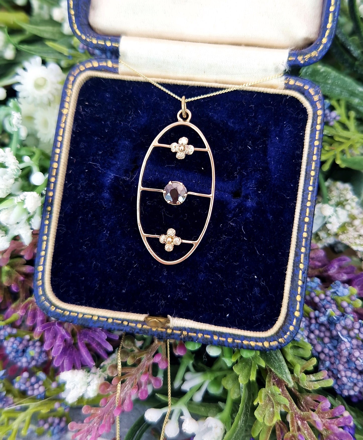 Antique Art Nouveau 9ct Yellow Gold Garnet Flower Lavalier Pendant Necklace