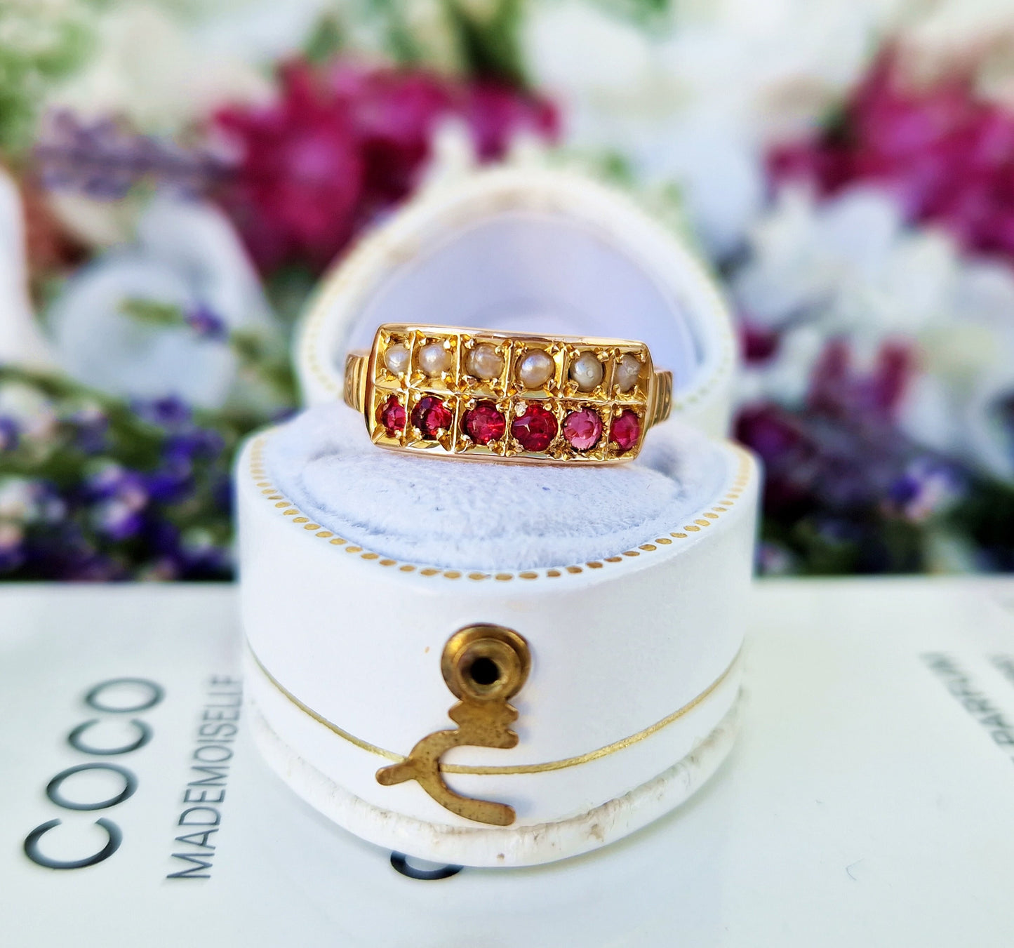 Antique 1897 Victorian 9ct Gold Ornate Pearl and Raspberry Pink Glass Double Band Cluster Ring / Size O or 7.5