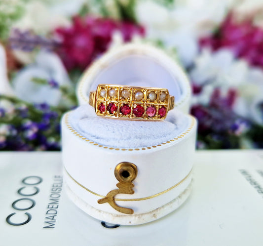 Antique 1897 Victorian 9ct Gold Ornate Pearl and Raspberry Pink Glass Double Band Cluster Ring / Size O or 7.5