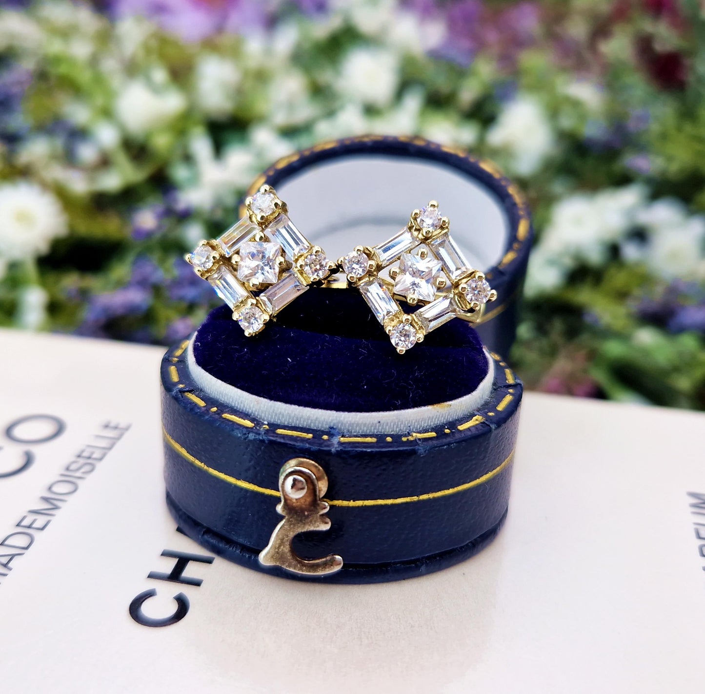 Vintage 9ct Yellow Gold Art Deco Style Sparkling Crystal Statement Stud Earrings