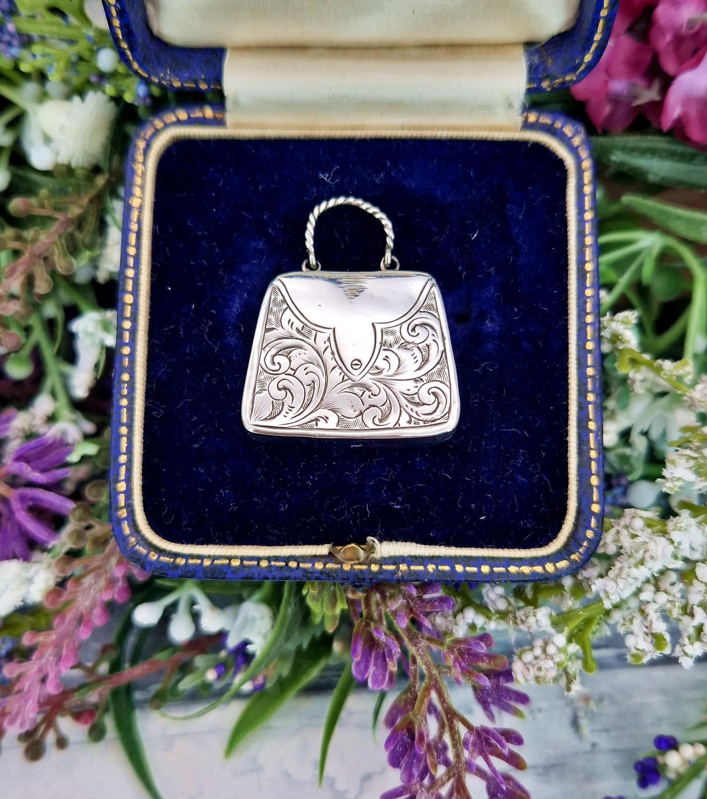 Antique 1884 Victorian Sterling Silver Rare Handbag Pendant with Engraved Ivy Leaves