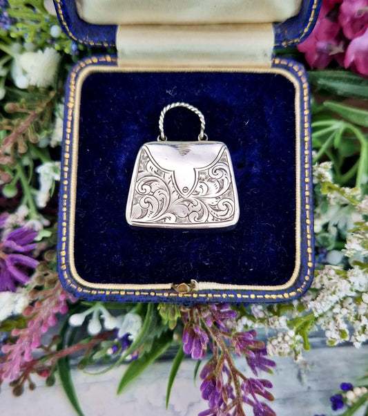Antique 1884 Victorian Sterling Silver Rare Handbag Pendant with Engraved Ivy Leaves