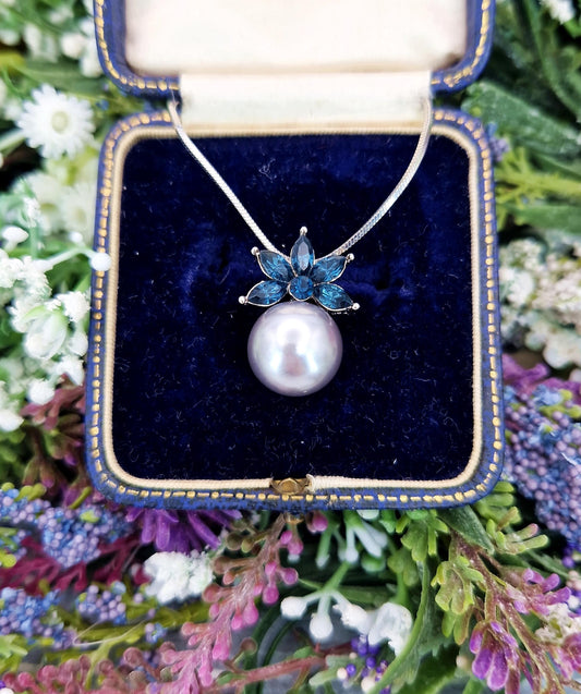Vintage Silver Plated Large Silver Pearl and Blue Glass Pendant Necklace