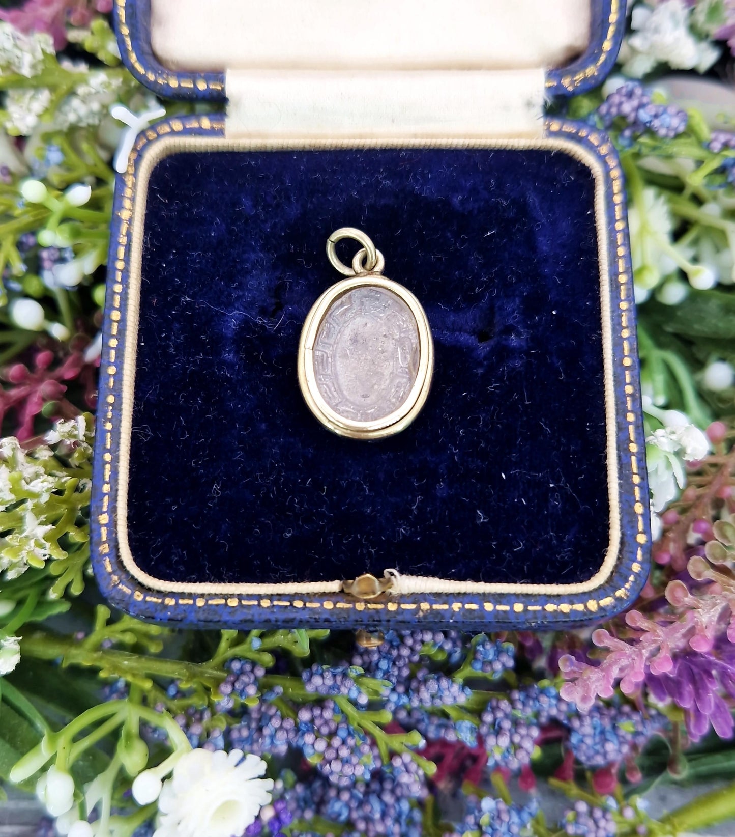 Antique Victorian Gold Tone Engraved Black Enamel Glass Locket Pendant Necklace