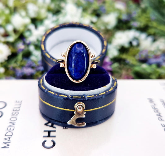 Vintage Art Deco 9ct Yellow Gold Interchangable Cabochon Lapis Lazuli Solitaire Ring / Size M 1/2 or 6.75