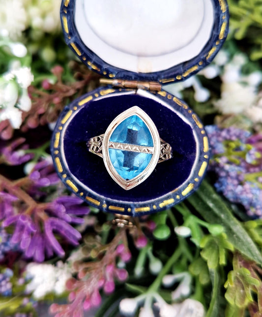 Vintage Art Deco 10ct White Gold Ornate Sky Blue Paste Glass Navette Ring / Size K 1/2 or 5.75