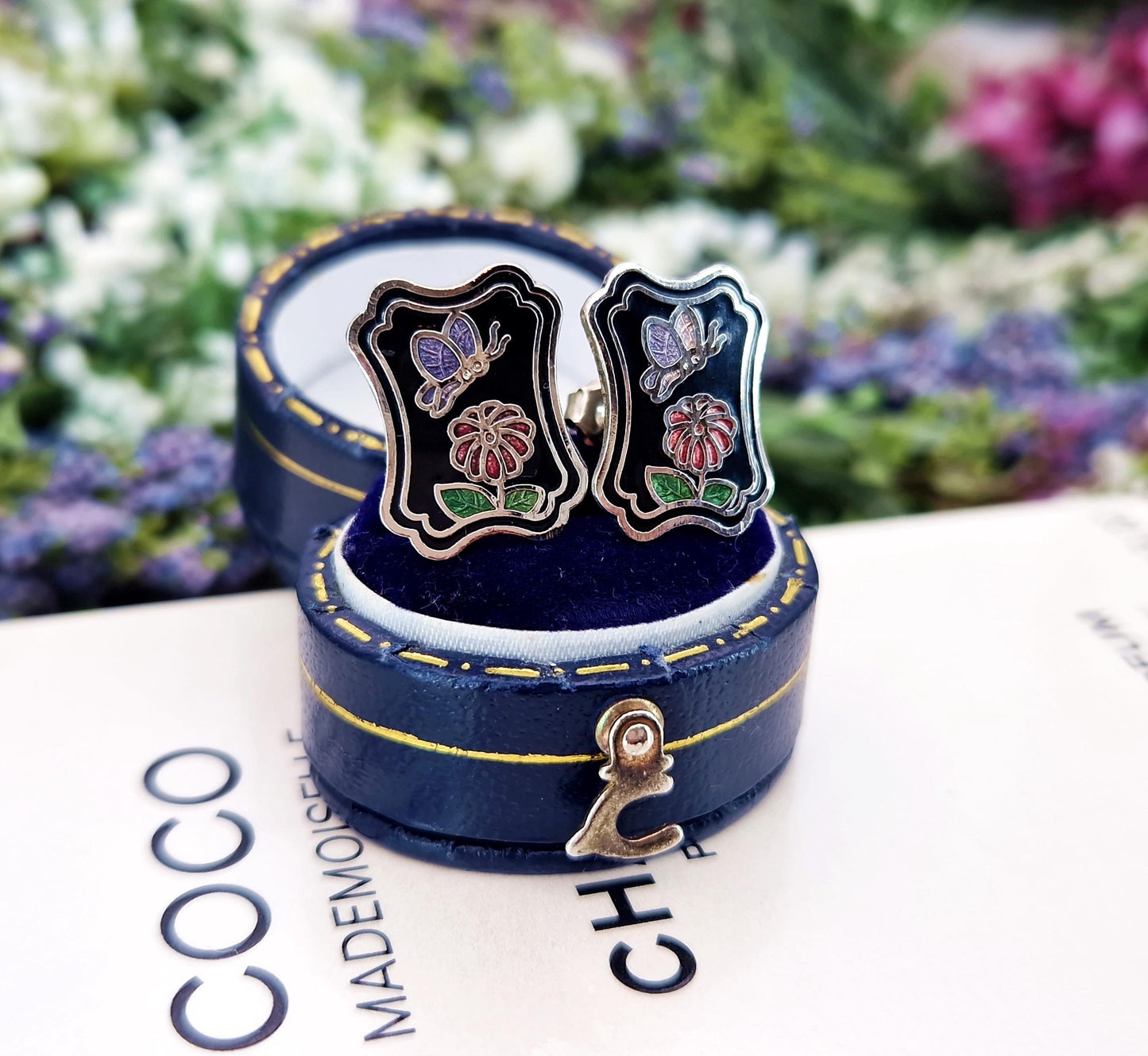 Vintage Silver Tone Black Enamel Butterfly Plaque Cloisonne Stud Earrings