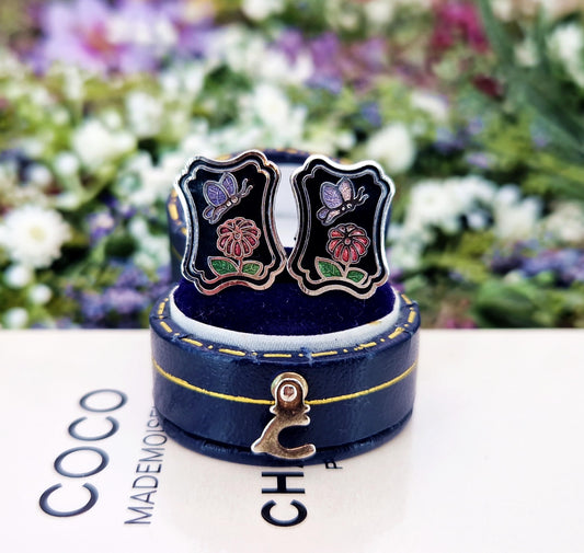 Vintage Silver Tone Black Enamel Butterfly Plaque Cloisonne Stud Earrings