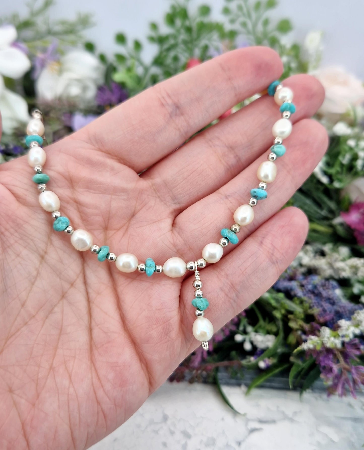 Vintage Sterling Silver White Pearl and Matrix Turquoise Bead Necklace