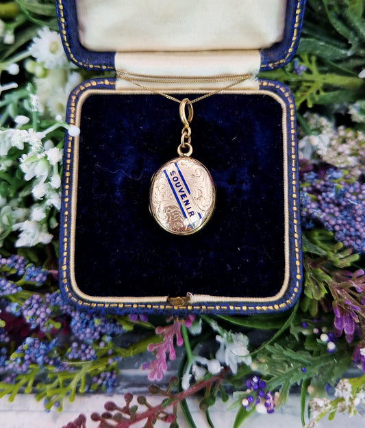 Antique Victorian 9ct Yellow Gold Ornate Engraved Blue Enamel Souvenir Locket