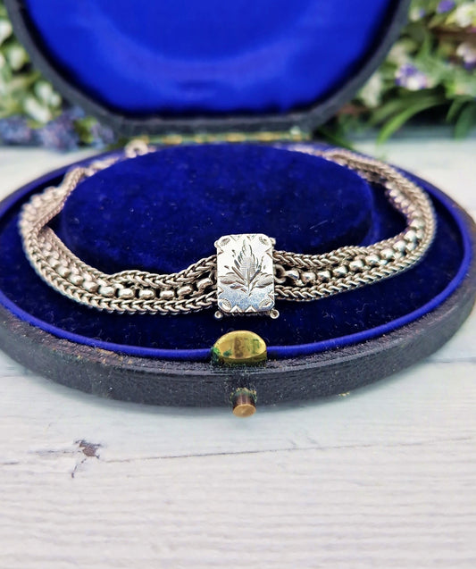 Antique Sterling Silver Albertina Triple Chain Ivy Leaf Panel Bracelet 13.6 grams