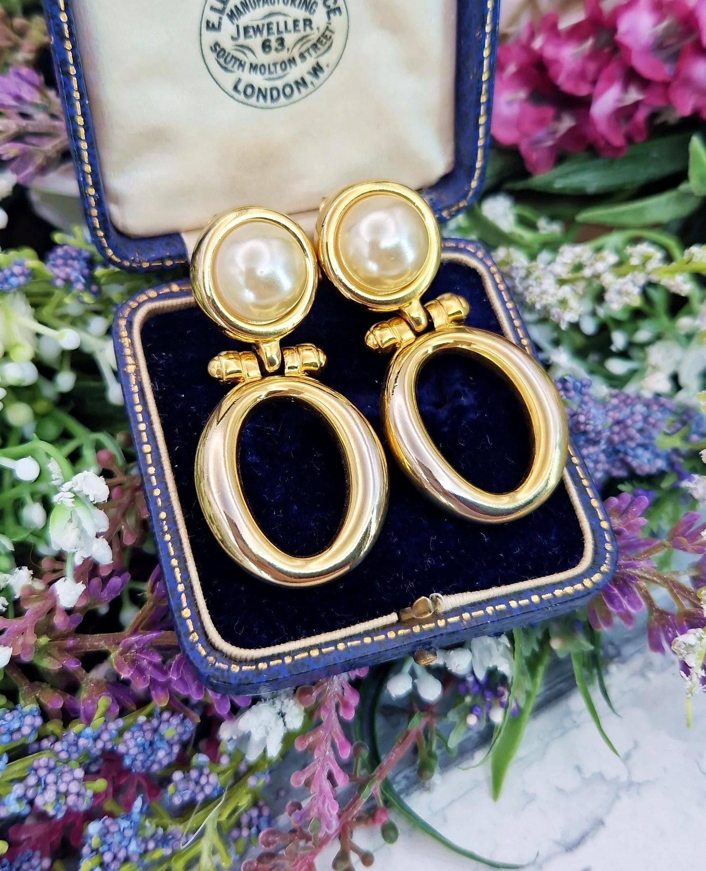 Vintage Retro Gold Plated Large Statement Pearl Drop Hoop Clip On Earrings