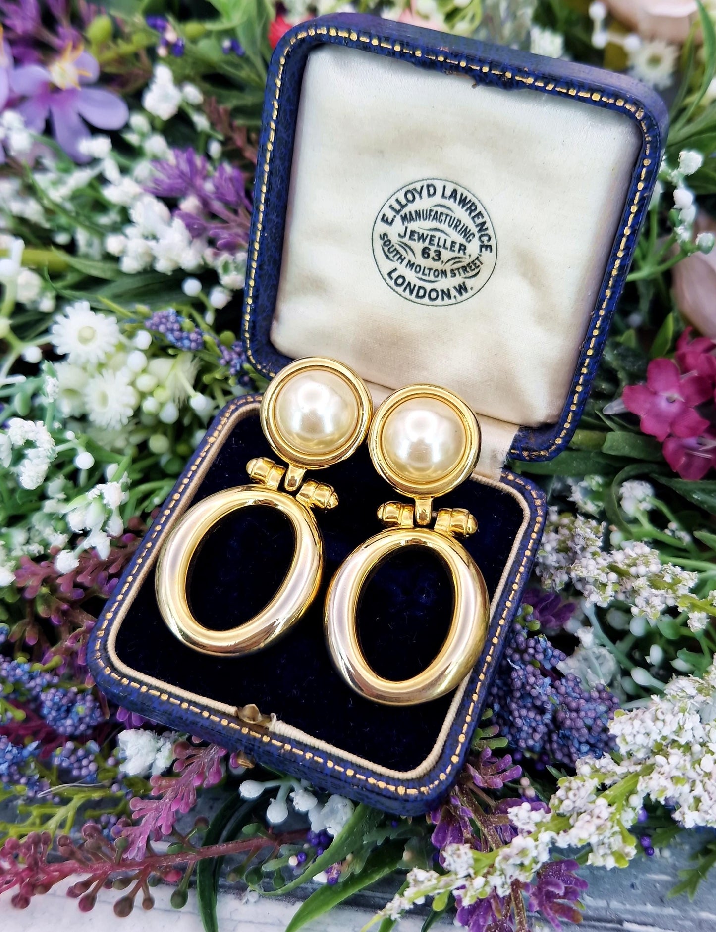 Vintage Retro Gold Plated Large Statement Pearl Drop Hoop Clip On Earrings