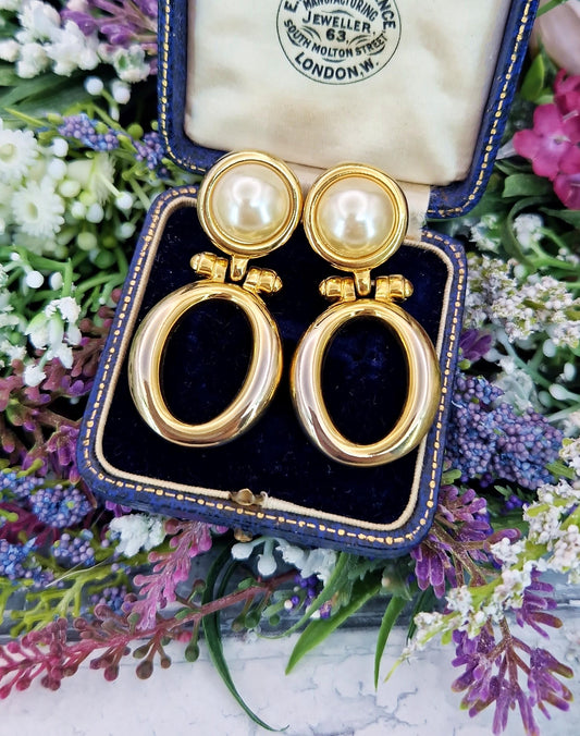 Vintage Retro Gold Plated Large Statement Pearl Drop Hoop Clip On Earrings