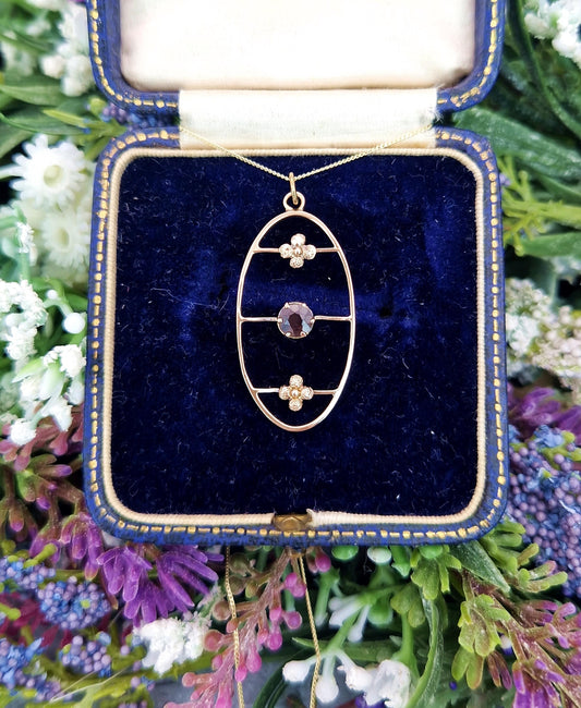 Antique Art Nouveau 9ct Yellow Gold Garnet Flower Lavalier Pendant Necklace