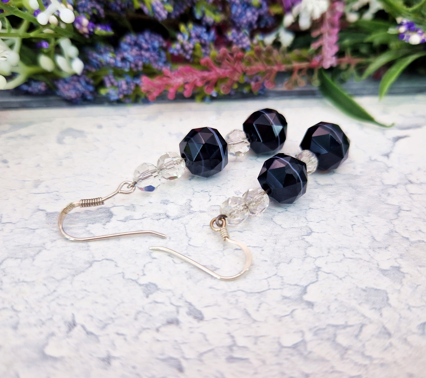 Antique Art Deco Sterling Silver Faceted Black Banded Agate and Glass Bead Hook Drop Earrings