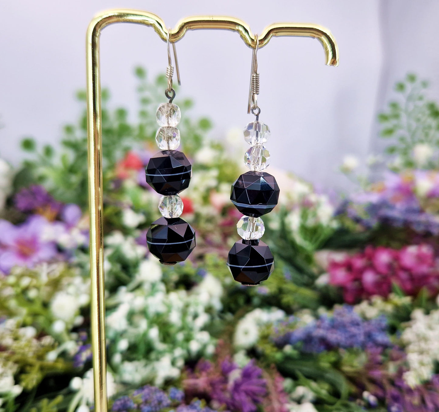 Antique Art Deco Sterling Silver Faceted Black Banded Agate and Glass Bead Hook Drop Earrings