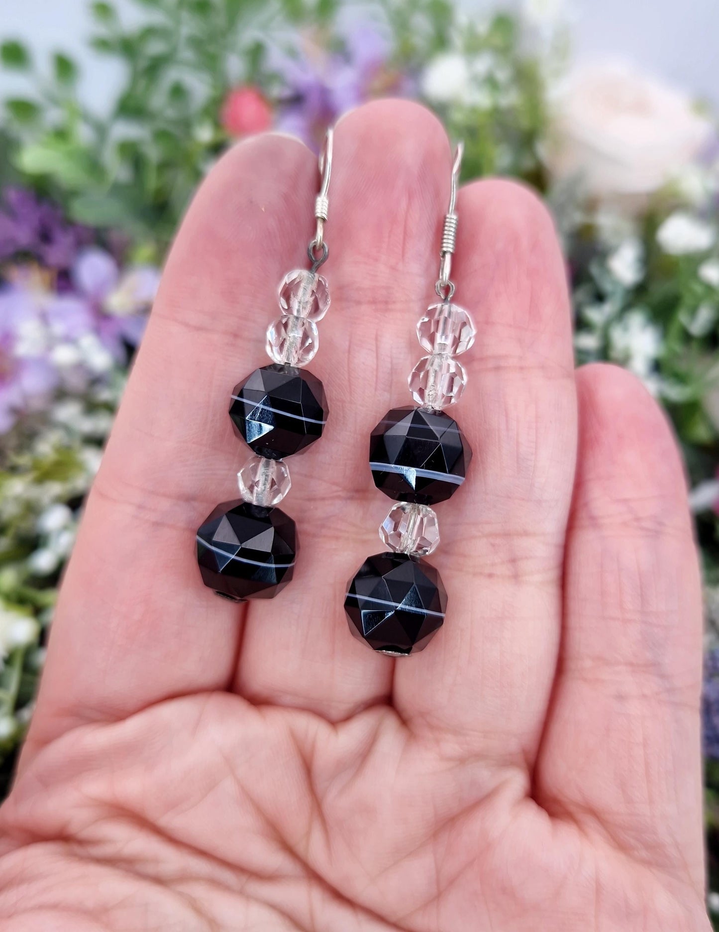 Antique Art Deco Sterling Silver Faceted Black Banded Agate and Glass Bead Hook Drop Earrings