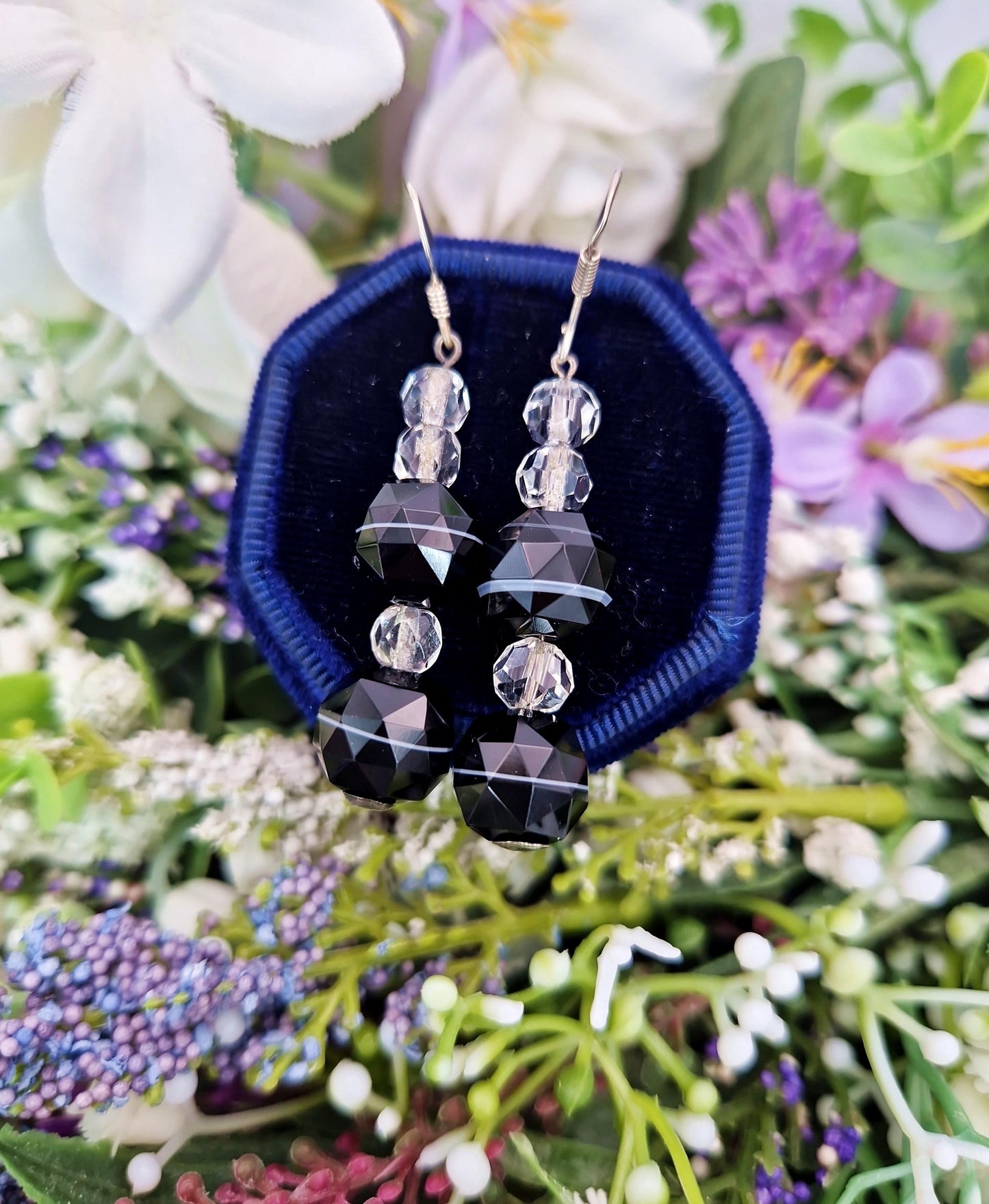 Antique Art Deco Sterling Silver Faceted Black Banded Agate and Glass Bead Hook Drop Earrings