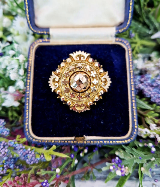 Antique Victorian 9ct Gold Cased Ornate Large Aesthetic Glass Locket Brooch Pin
